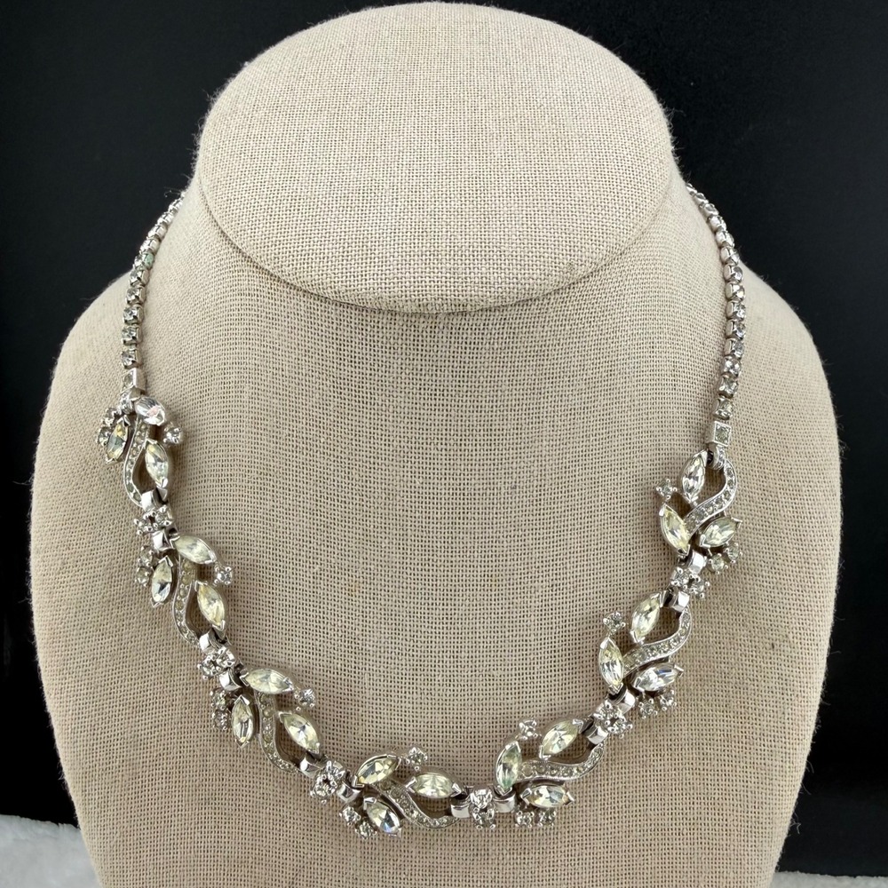 Vintage Rhinestone‎ Necklace Silver Leaf Art Deco Choker 17in READ